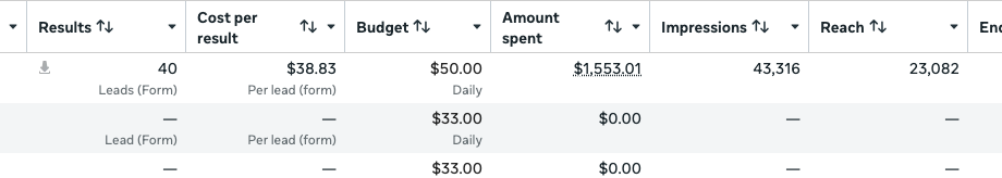 Anonymous Meta Ads Manager snapshot: 40 form leads at $38.83 per lead